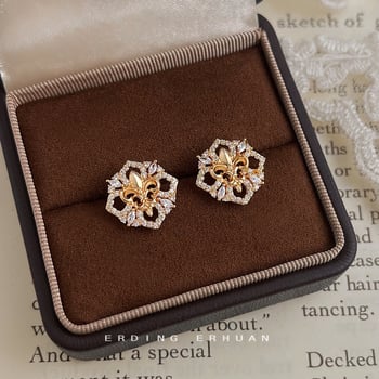 Iris Flower serija – Originalni dizajn. Naušnice sa srebrnim čepom i mikro-zirkonima, 14K elektroplata, elegantno za žene