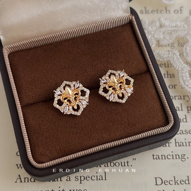 Iris Flower serija – Originalni dizajn. Naušnice sa srebrnim čepom i mikro-zirkonima, 14K elektroplata, elegantno za žene