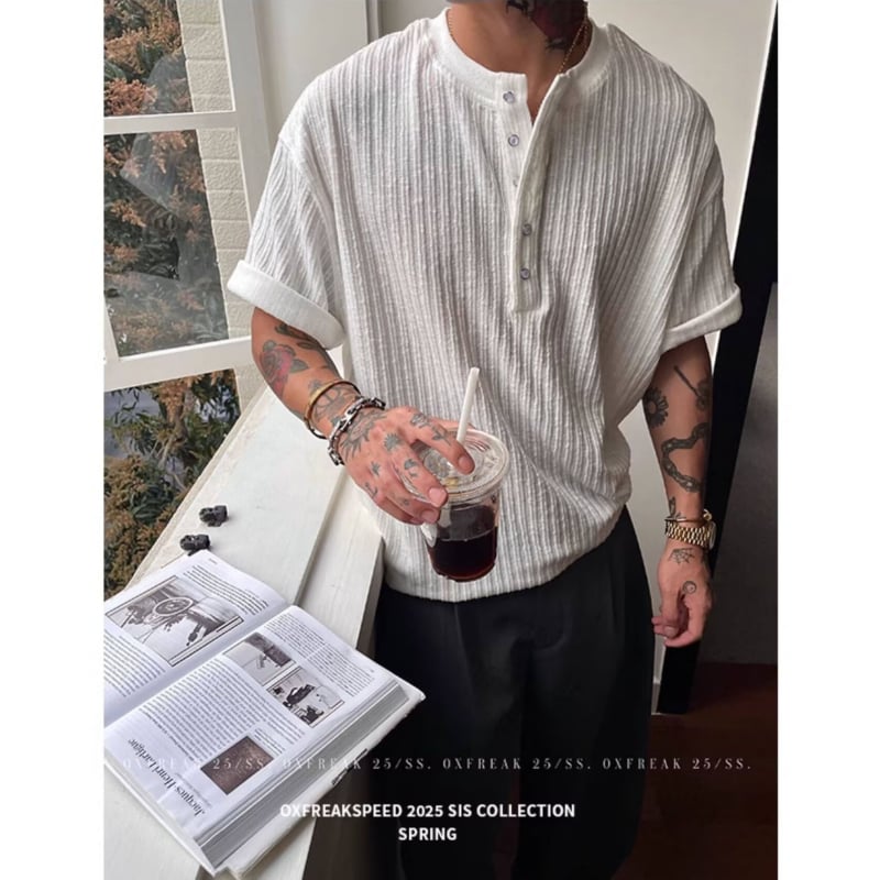 Polo bărbătesc cu guler Henry în stil Old Money, din ice silk cu dungi, mânecă scurtă, fermoar parțial, respirabil