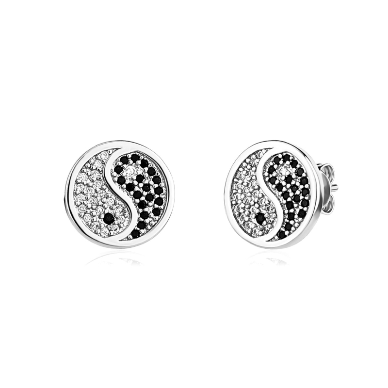 Bakrene naušnice s cirkonima, geometrijski stil inspiriran kineskim, unisex, crne i bijele kamene