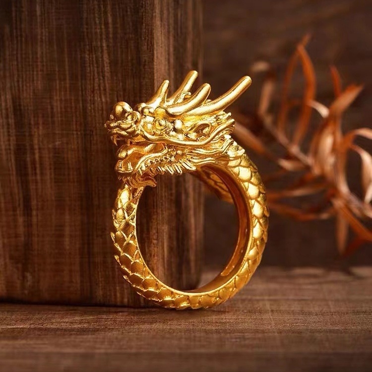 Prsten s drakom, pozlaćeni mesing, otvoreni dizajn, muški retro stil