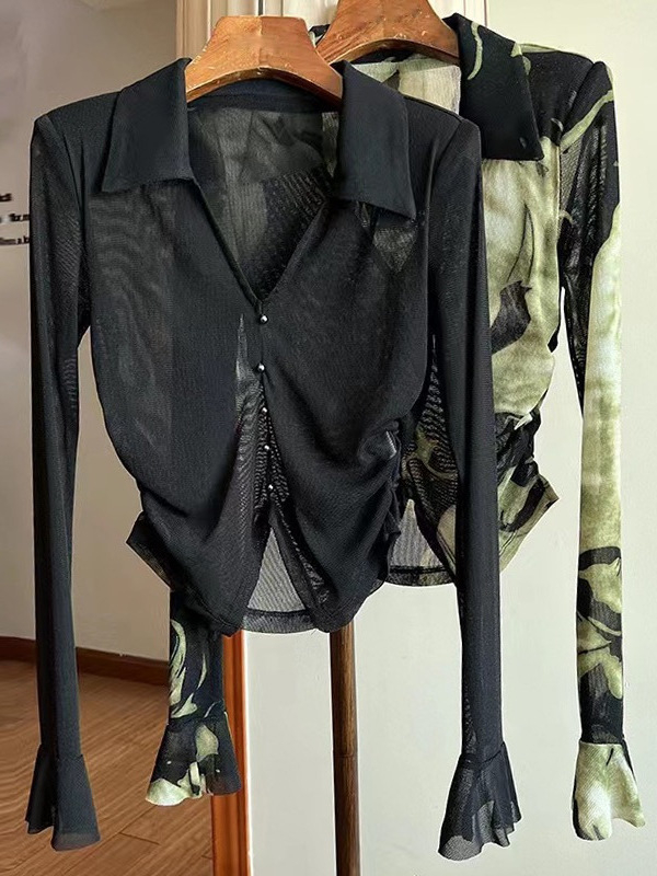 Ženska bluza s gradientnim cvjetnim uzorkom, jesen 2025, lagani mrežasti gornji dio s zaštitom od sunca, kratki top u francuskom stilu