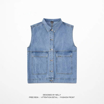 Férfi BF-stílusú denim mellény tavasz-őszre, laza szabás, ujjatlan, munkaruházat.