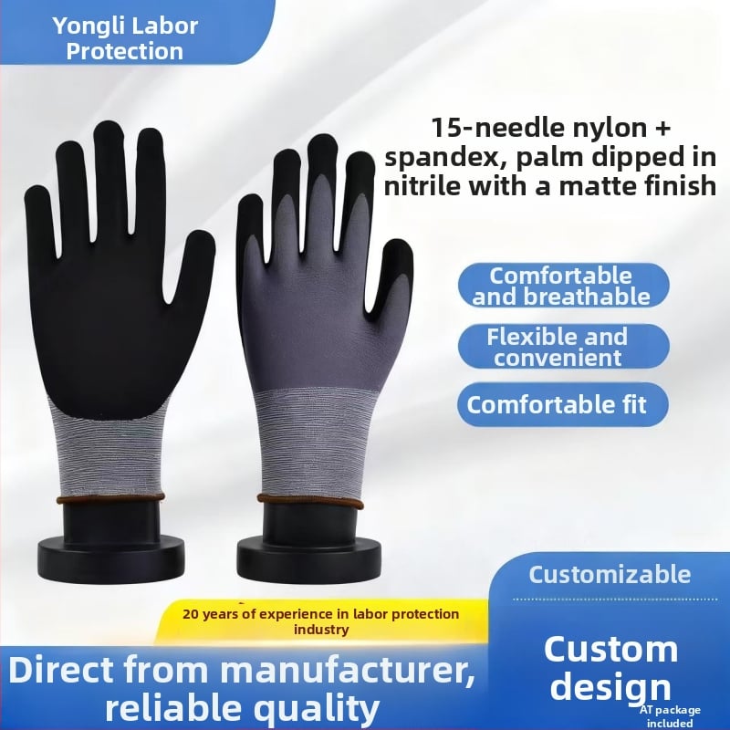 Nitrilové rukavice s dlaňou potiahnutou nitrilom, chrbát z nylon-elastánu, matný povrch protišmyku, odolné pracovné rukavice