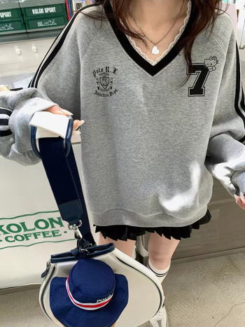 Unisex pulover s blokom boja i čipkastim detaljem na V-izrezu, dugi rukavi, korejski stil jesenji top za vitkiju siluetu