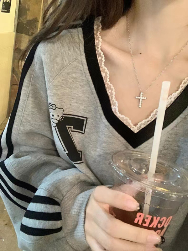 Unisex pulover s blokom boja i čipkastim detaljem na V-izrezu, dugi rukavi, korejski stil jesenji top za vitkiju siluetu