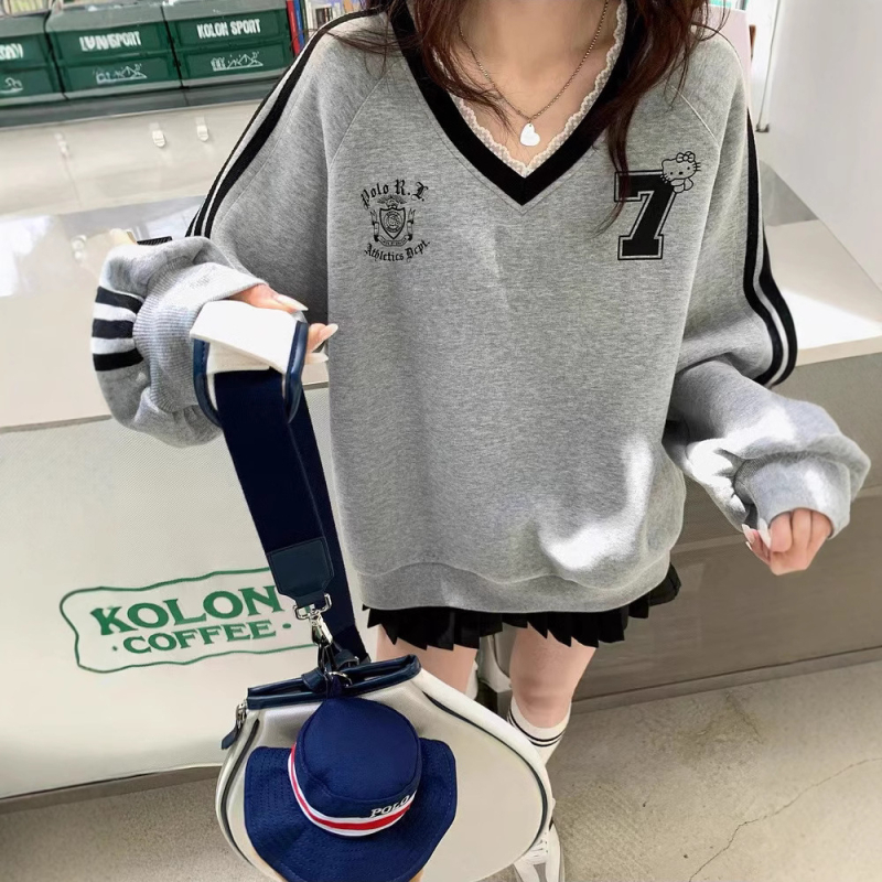 Unisex pulover s blokom boja i čipkastim detaljem na V-izrezu, dugi rukavi, korejski stil jesenji top za vitkiju siluetu