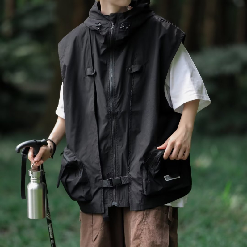 Férfi kapucnis munkásdzseki, japán utcai stílus, funkcionális külső ruházat