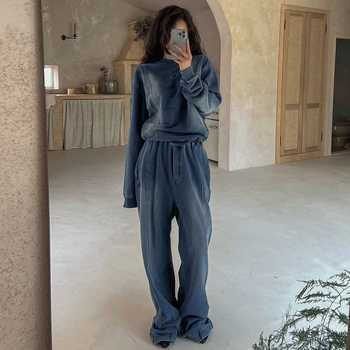Γυναικείο σετ δύο τεμαχίων από 100% βαμβάκι, denim μπλε, casual φούτερ με μακριά μανίκια και παντελόνια, για άνοιξη και φθινόπωρο