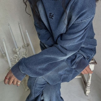 Γυναικείο σετ δύο τεμαχίων από 100% βαμβάκι, denim μπλε, casual φούτερ με μακριά μανίκια και παντελόνια, για άνοιξη και φθινόπωρο