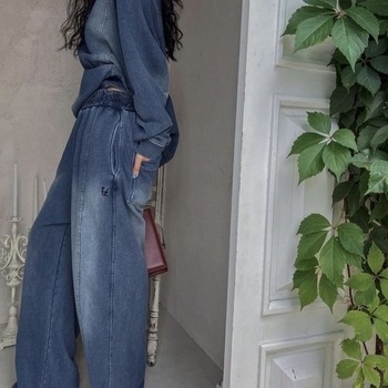 Γυναικείο σετ δύο τεμαχίων από 100% βαμβάκι, denim μπλε, casual φούτερ με μακριά μανίκια και παντελόνια, για άνοιξη και φθινόπωρο