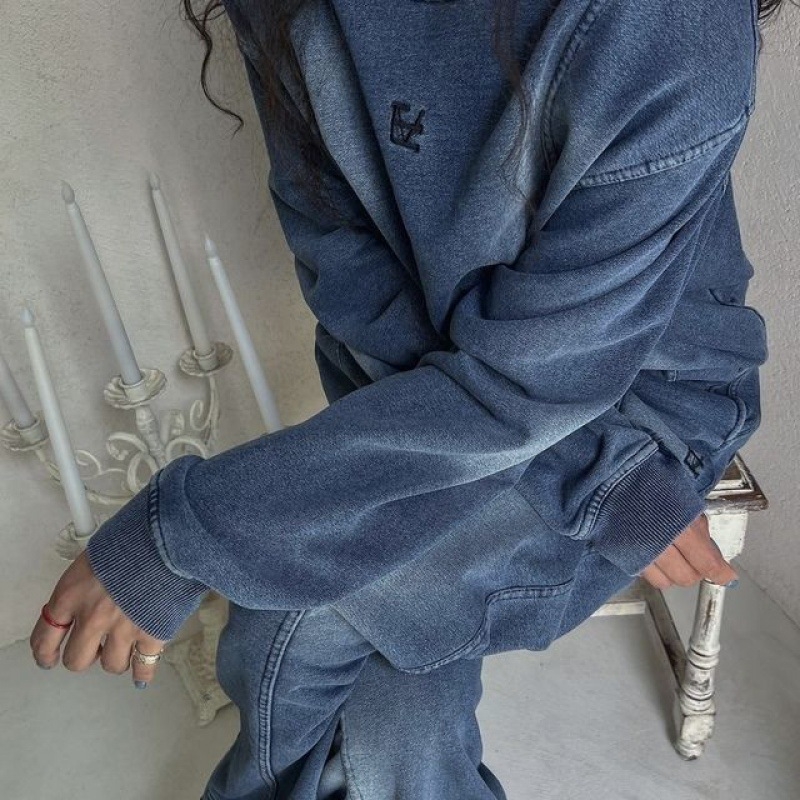 Γυναικείο σετ δύο τεμαχίων από 100% βαμβάκι, denim μπλε, casual φούτερ με μακριά μανίκια και παντελόνια, για άνοιξη και φθινόπωρο