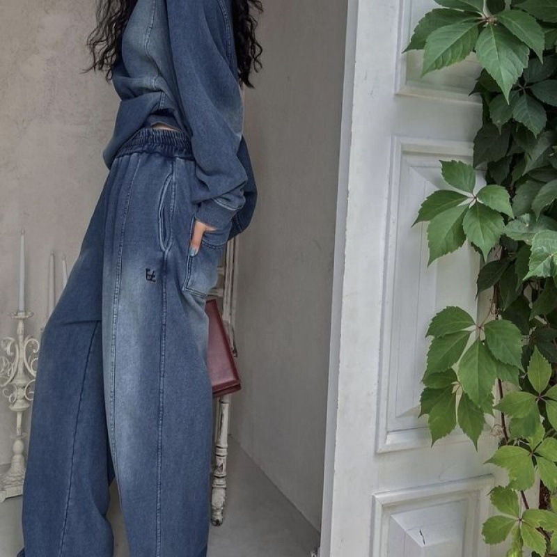 Γυναικείο σετ δύο τεμαχίων από 100% βαμβάκι, denim μπλε, casual φούτερ με μακριά μανίκια και παντελόνια, για άνοιξη και φθινόπωρο