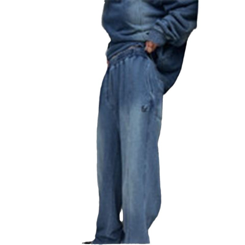 Γυναικείο σετ δύο τεμαχίων από 100% βαμβάκι, denim μπλε, casual φούτερ με μακριά μανίκια και παντελόνια, για άνοιξη και φθινόπωρο