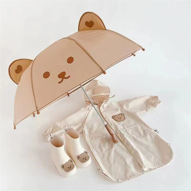 RAINKIDS Детски прозрачен чадър с карикатурна мечка, ветроустойчив, дълга дръжка, купол 42–52 см