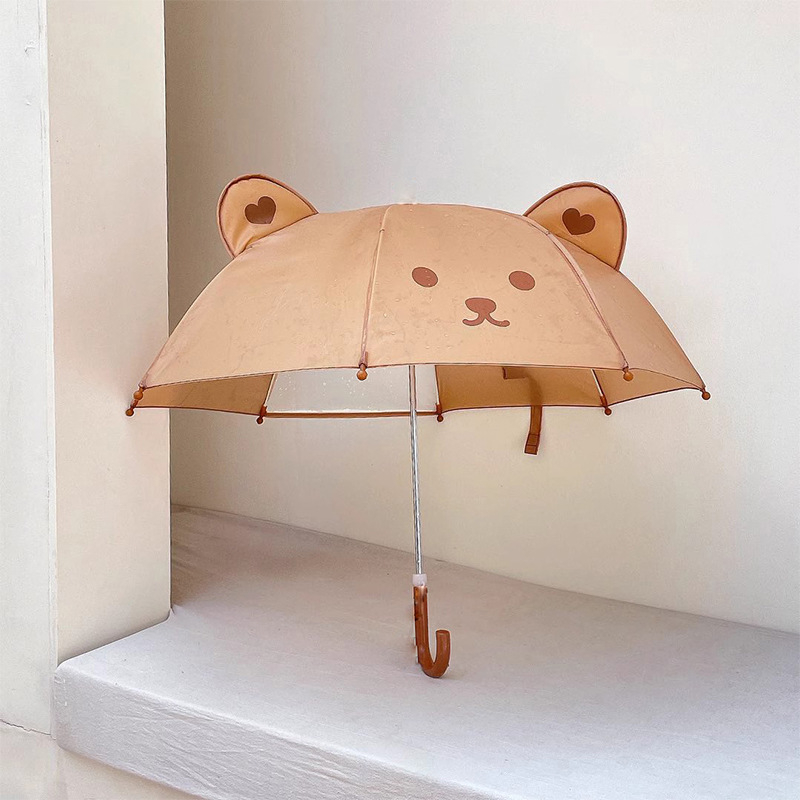 RAINKIDS Детски прозрачен чадър с карикатурна мечка, ветроустойчив, дълга дръжка, купол 42–52 см