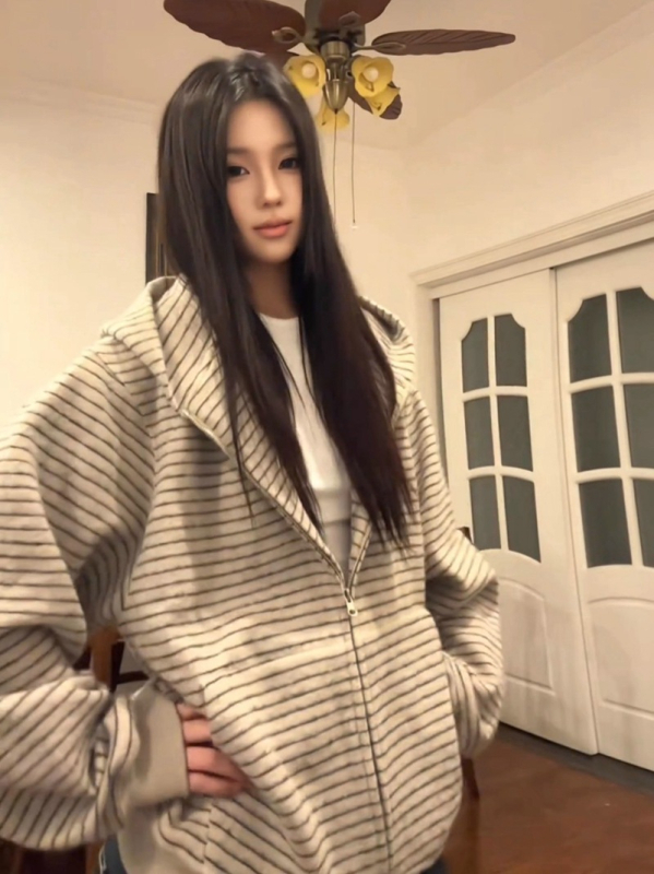 400 g teški korejski stil s prugama, kapuljačom i zipom, casual top