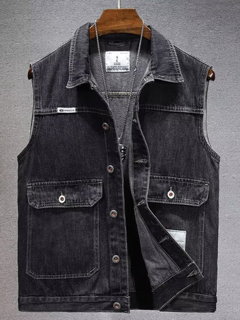Muški denim prsluk za proljeće 2025 — opušten kroj, bez rukava, radni stil