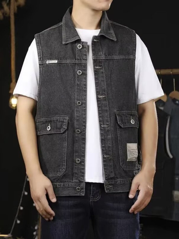 Muški denim prsluk za proljeće 2025 — opušten kroj, bez rukava, radni stil