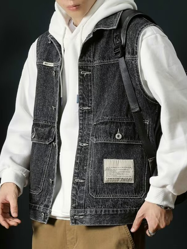 Muški denim prsluk za proljeće 2025 — opušten kroj, bez rukava, radni stil
