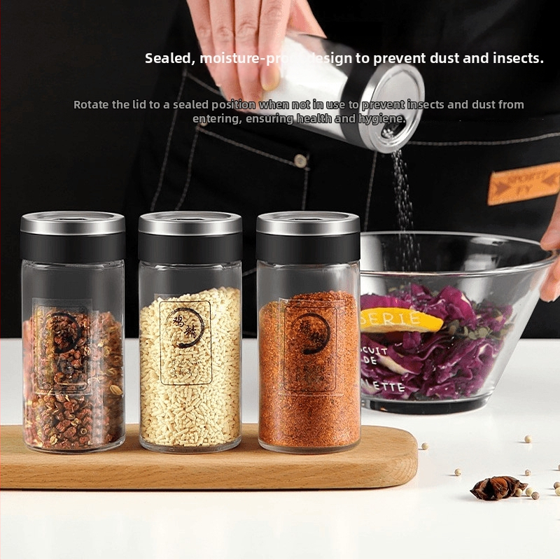 Kuchynský set korenín: čili paprika, Sichuanská korenie, mleté korenie, koreninná soľ, sklenená nádoba na korenie, sklenená fľaša na korenie