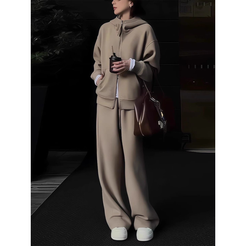 Ženski zimski komplet s flecom: debeli hoodie s kapuljom i hlače, retro stil, dvodjelni set