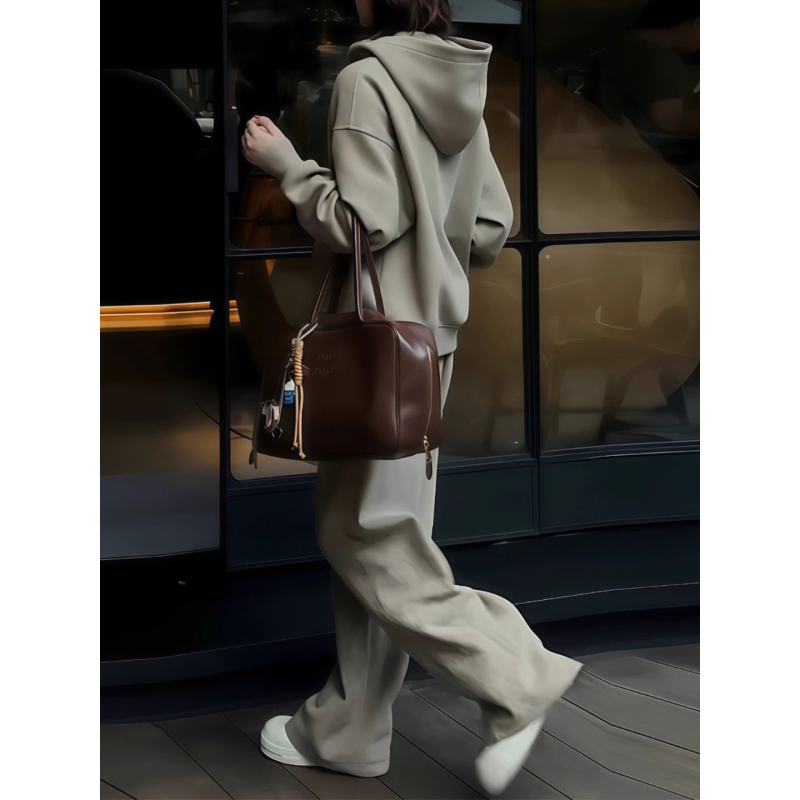 Ženski zimski komplet s flecom: debeli hoodie s kapuljom i hlače, retro stil, dvodjelni set