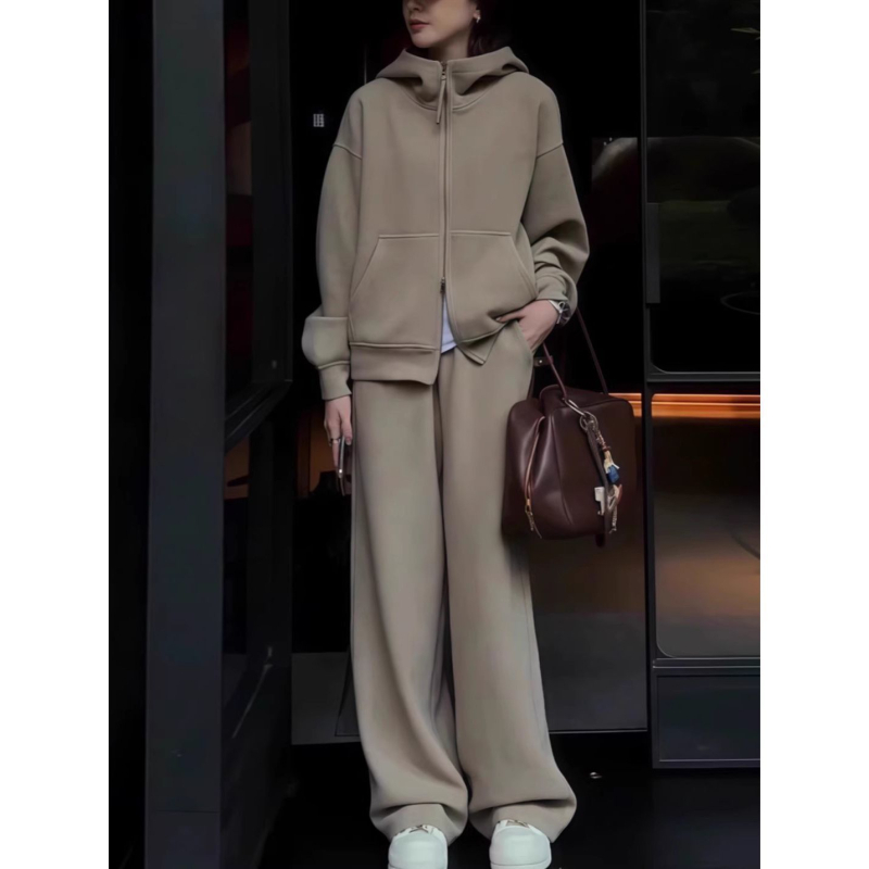 Ženski zimski komplet s flecom: debeli hoodie s kapuljom i hlače, retro stil, dvodjelni set