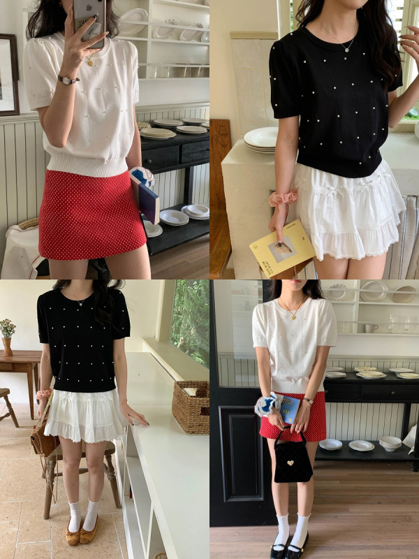 3th Morning Chanel stil s perlicama, pleteni pulover s okruglim izrezom i kratkim rukavima, ZY3033, ljeto 2025