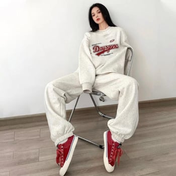 Ženski set u američkom retro sportskom stilu, jesen-zima, udoban slobodan kroj, dvodijelni komplet s puloverom i hlačama, plus veličina