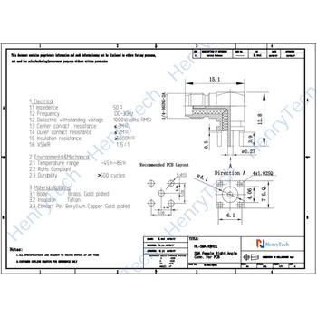 HL-SMA-KWHD1/KYHDC6 Ženský RF koaxiálny konektor, PCB montáž, ohnutý typ, pozlátená mosadz
