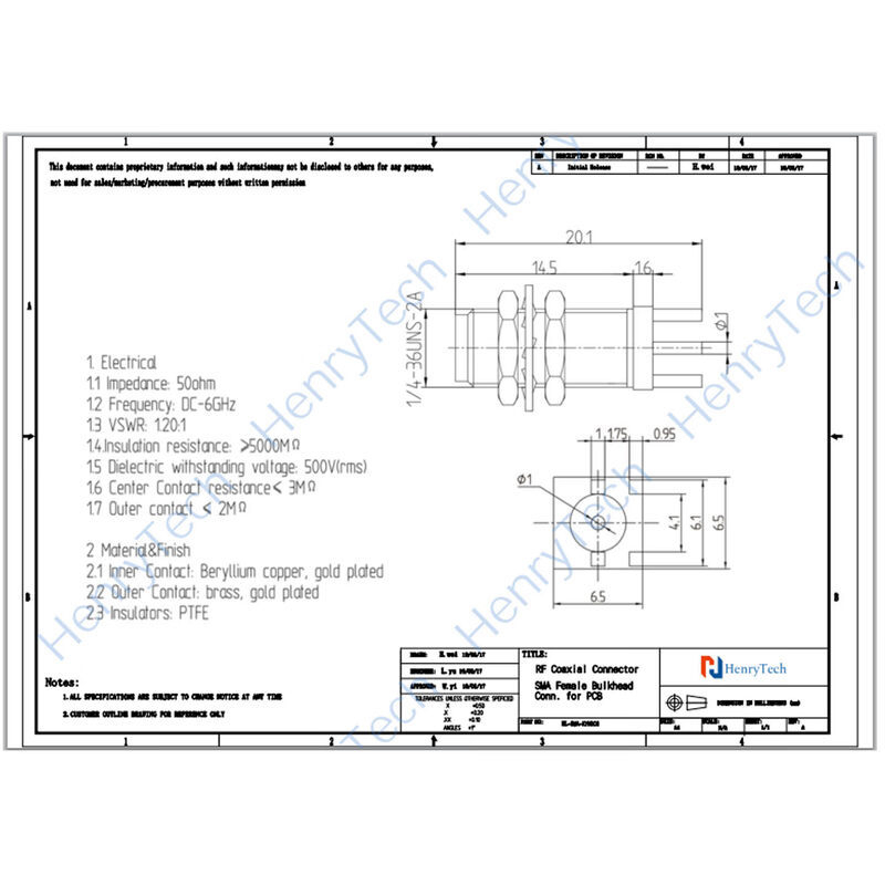 HL-SMA-KWHD1/KYHDC6 Ženský RF koaxiálny konektor, PCB montáž, ohnutý typ, pozlátená mosadz
