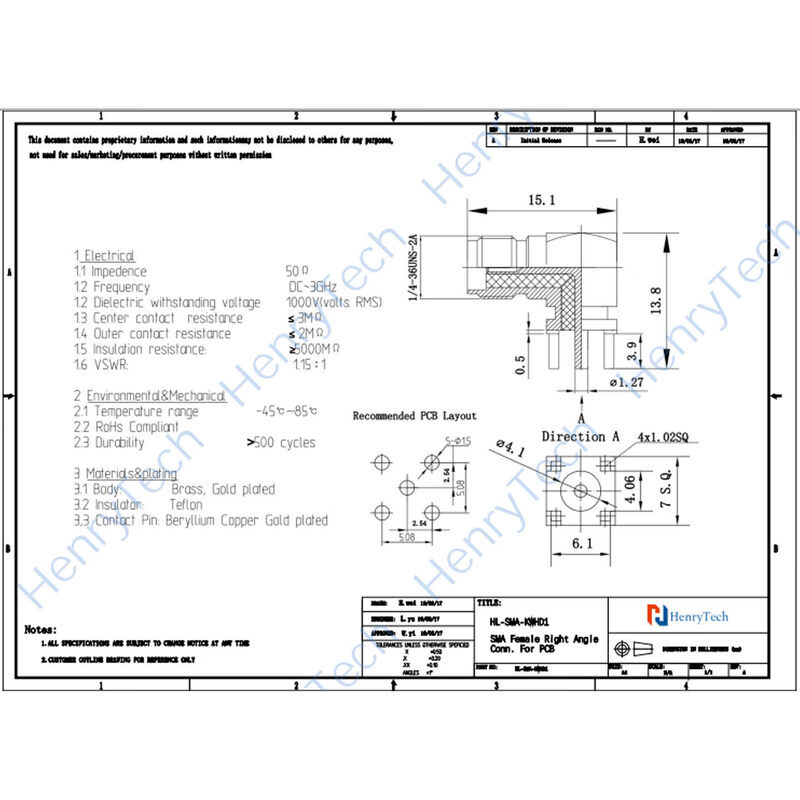 HL-SMA-KWHD1/KYHDC6 Ženský RF koaxiálny konektor, PCB montáž, ohnutý typ, pozlátená mosadz