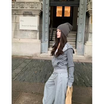 Ženski hoodie s kapuljom u korejskom stilu, jednostavan, prugasti dizajn za jesen