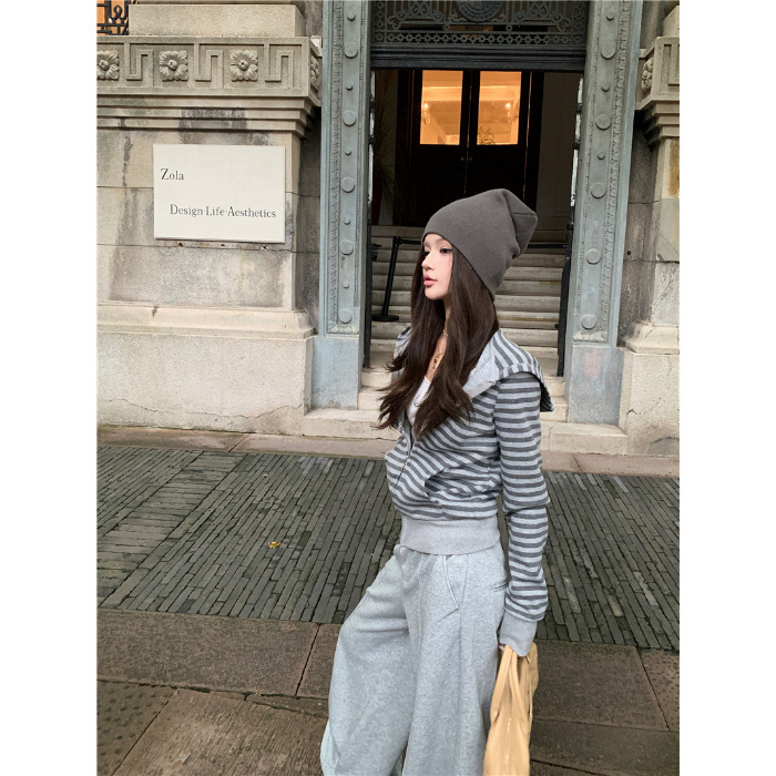 Ženski hoodie s kapuljom u korejskom stilu, jednostavan, prugasti dizajn za jesen