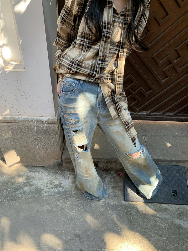 9Hour Ženske traperice s oštećenjima, High Street stil, proljeće 2026, vintage širokih nogavica Cy1445