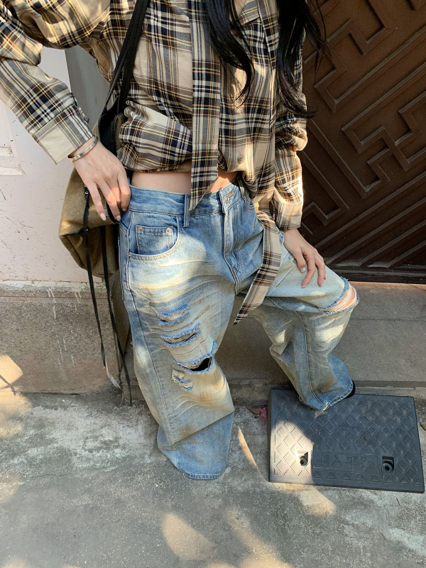 9Hour Ženske traperice s oštećenjima, High Street stil, proljeće 2026, vintage širokih nogavica Cy1445