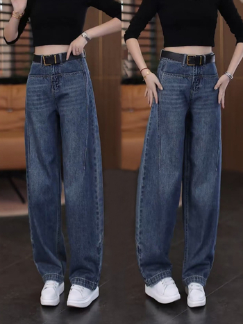 Ženske traperice u vintage plave boje, visokim strukom, široke nogavice, denim