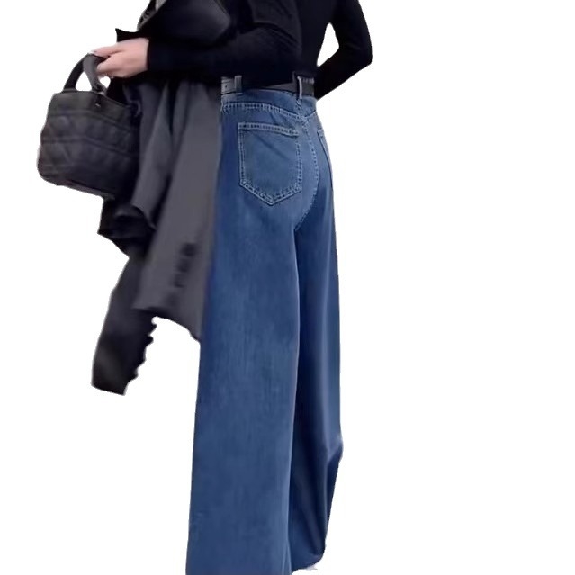 Ženske denim culotte s visokim pasom i izrazito širokim nogavicama, resice i drapiranje, dizajn 2023