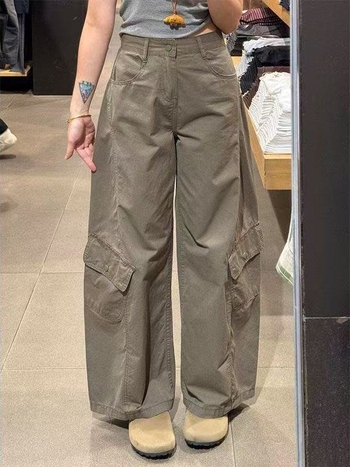 Ženske cargo traperice u američkom retro stilu, isprane, s mnoštvom džepova, za žene, jesen, visoki struk, široke nogavice, dužina do poda
