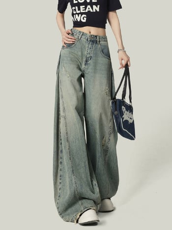 Nova proljeće-jesenska kolekcija: ženske plave traperice visokog struka, široke nogavice u obliku kruške, s poderotinama, udoban ležeran kroj, dugačke hlače