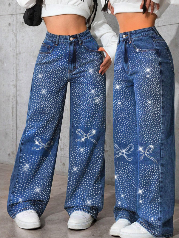 Ženske plave traperice u američkom retro stilu s rhinestones u obliku leptira, opuštenog ravnog kroja, jesensko-zimska kolekcija 2025