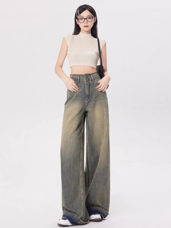 JR ženske traperice u američkom retro stilu, široke nogavice, visokim strukom, oprani denim, ravni kroj, puna duljina