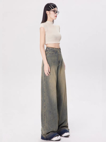 JR ženske traperice u američkom retro stilu, široke nogavice, visokim strukom, oprani denim, ravni kroj, puna duljina