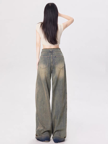 JR ženske traperice u američkom retro stilu, široke nogavice, visokim strukom, oprani denim, ravni kroj, puna duljina