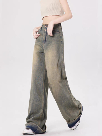 JR ženske traperice u američkom retro stilu, široke nogavice, visokim strukom, oprani denim, ravni kroj, puna duljina