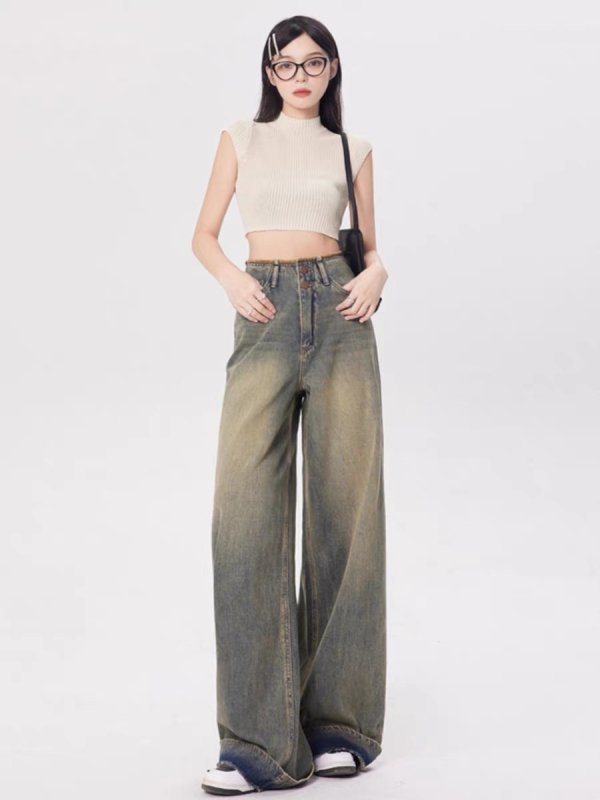 JR ženske traperice u američkom retro stilu, široke nogavice, visokim strukom, oprani denim, ravni kroj, puna duljina