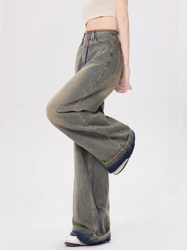 JR ženske traperice u američkom retro stilu, široke nogavice, visokim strukom, oprani denim, ravni kroj, puna duljina