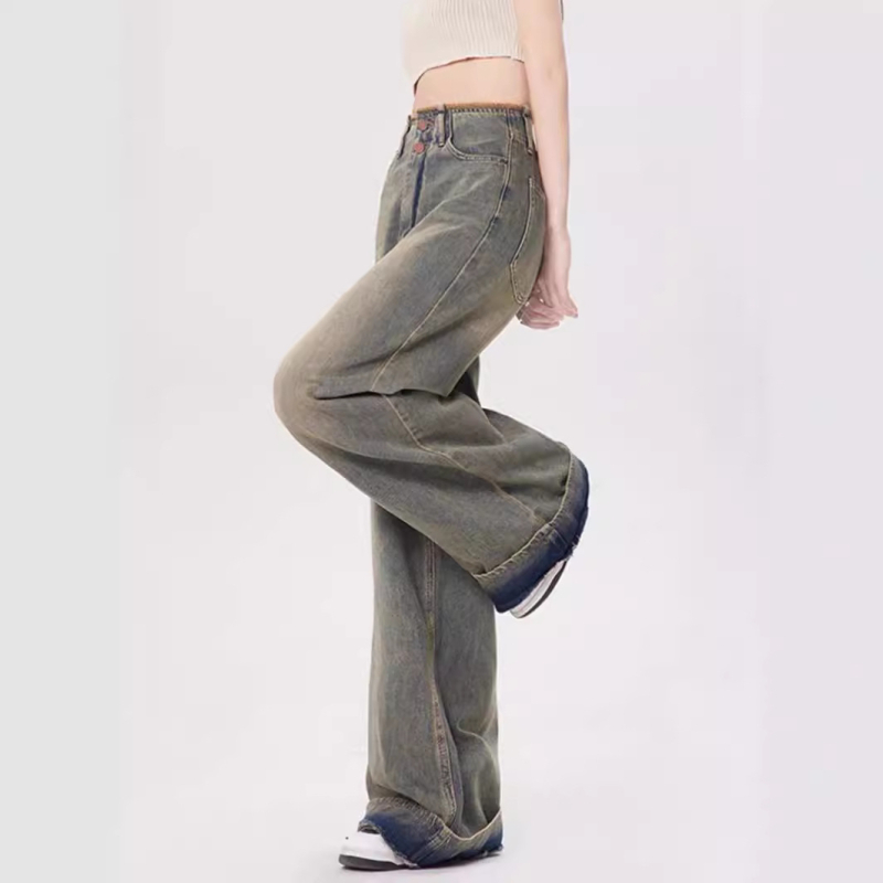 JR ženske traperice u američkom retro stilu, široke nogavice, visokim strukom, oprani denim, ravni kroj, puna duljina