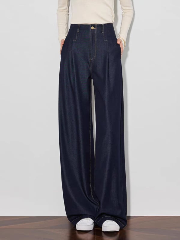 Ženske hlače s visokim strukom i širokim krojem, drapirana silueta, vidljive šavove, retro denim plava, mekan denim, 25766